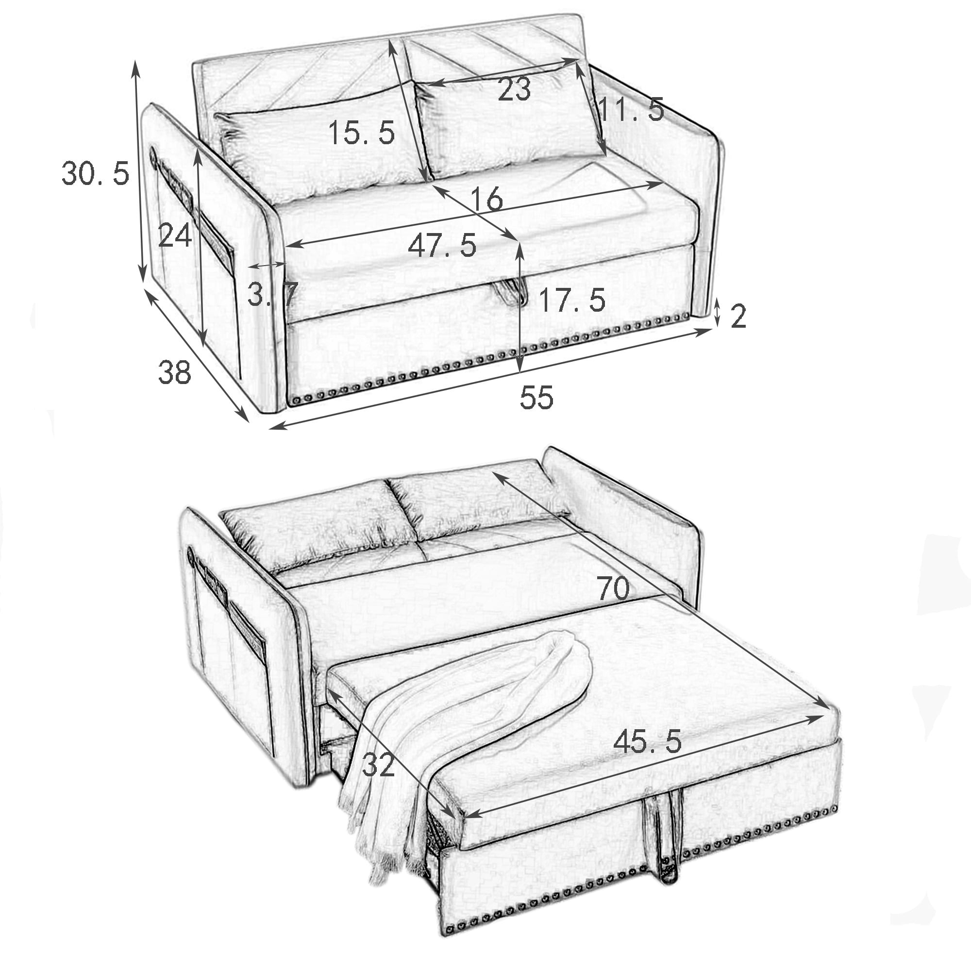 Aukfa 3 in 1 Convertible Sofa Bed, 55" Velvet Loveseat Sleeper with 2 Pillows & USB Port, Green