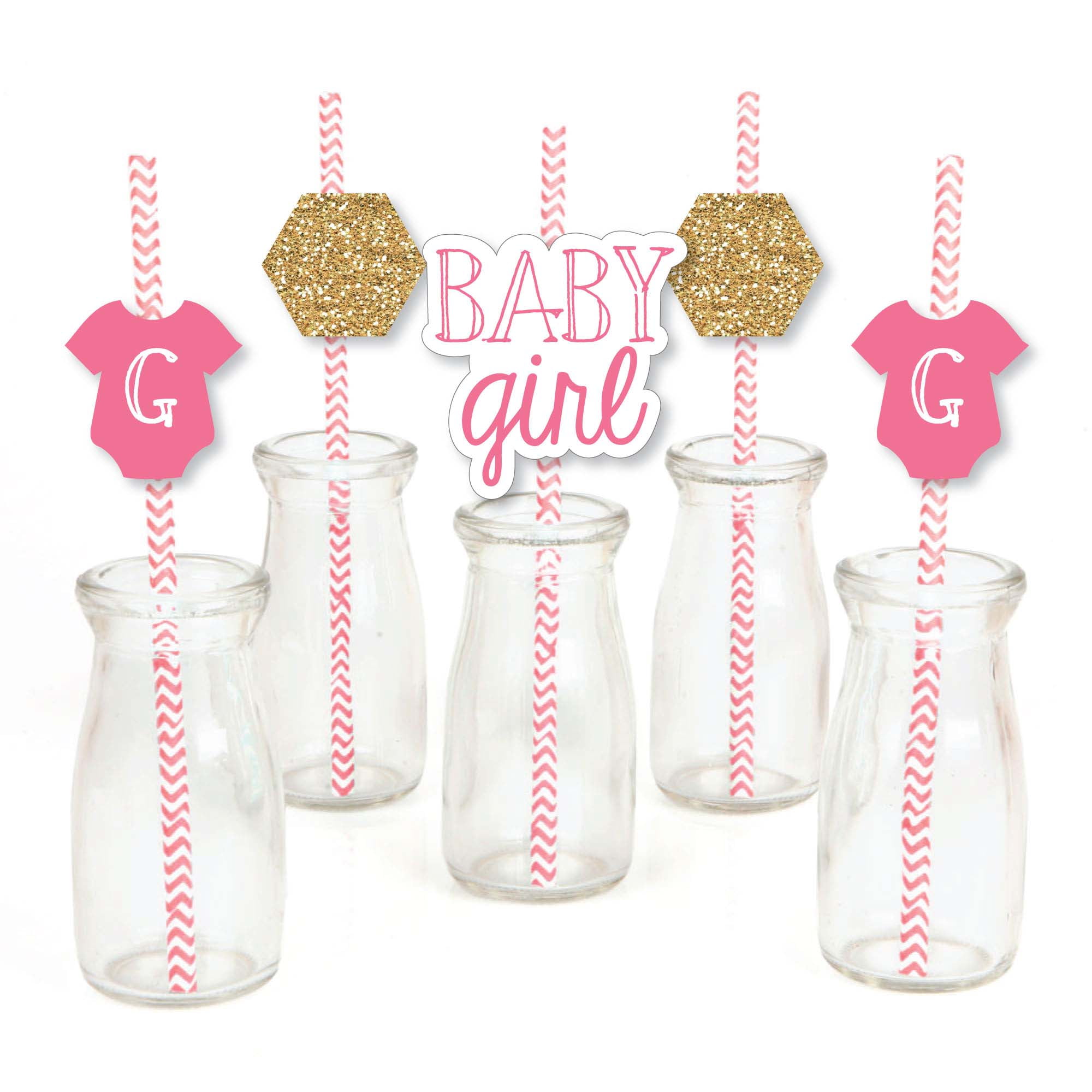 Baby Girl - Paper Straw Decor - Baby Shower  Striped Decorative Straws - Set of 24