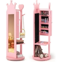 CHARMAID 360 Swivel Kids Jewelry Cabinet Armoire, Full Length Mirror, Coat Rack, Storage Shelves, 44'' Standing Vanity Dressing Mirror, Kids Jewelry Organizer for Girls (Pink)