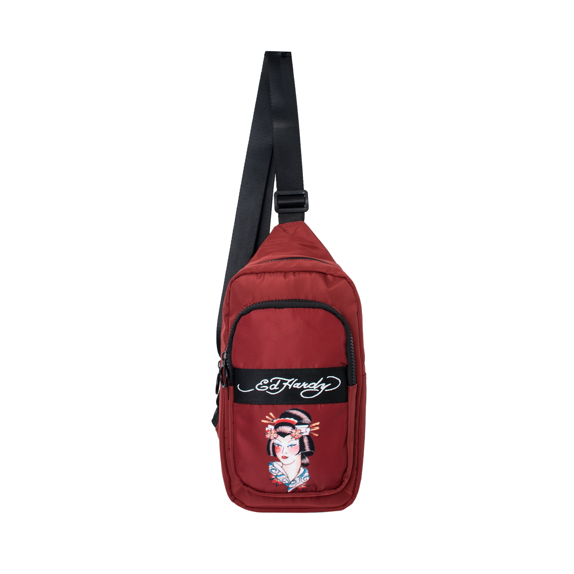 Ed Hardy Unisex Nylon Geisha on Burgundy Sling Messenger Bag with Adjustable Strap