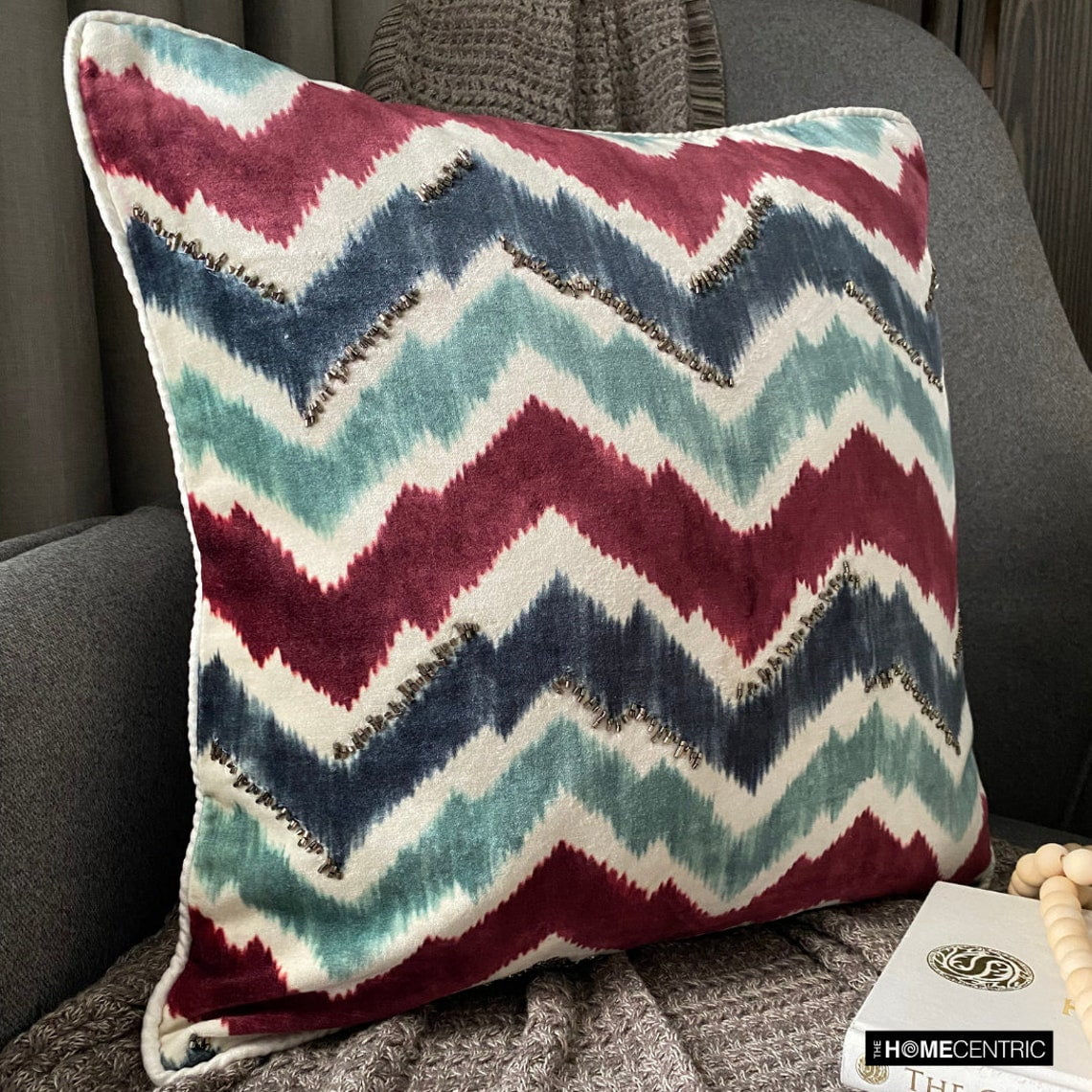 The HomeCentric Decorative Throw Pillow covers Blue 14"x14" (35x35 cm) Velvet Printed, Chevron, Bead Embroidery Outdoor furniture Cushion cover, Chevron Modern Style - Chevron Groove