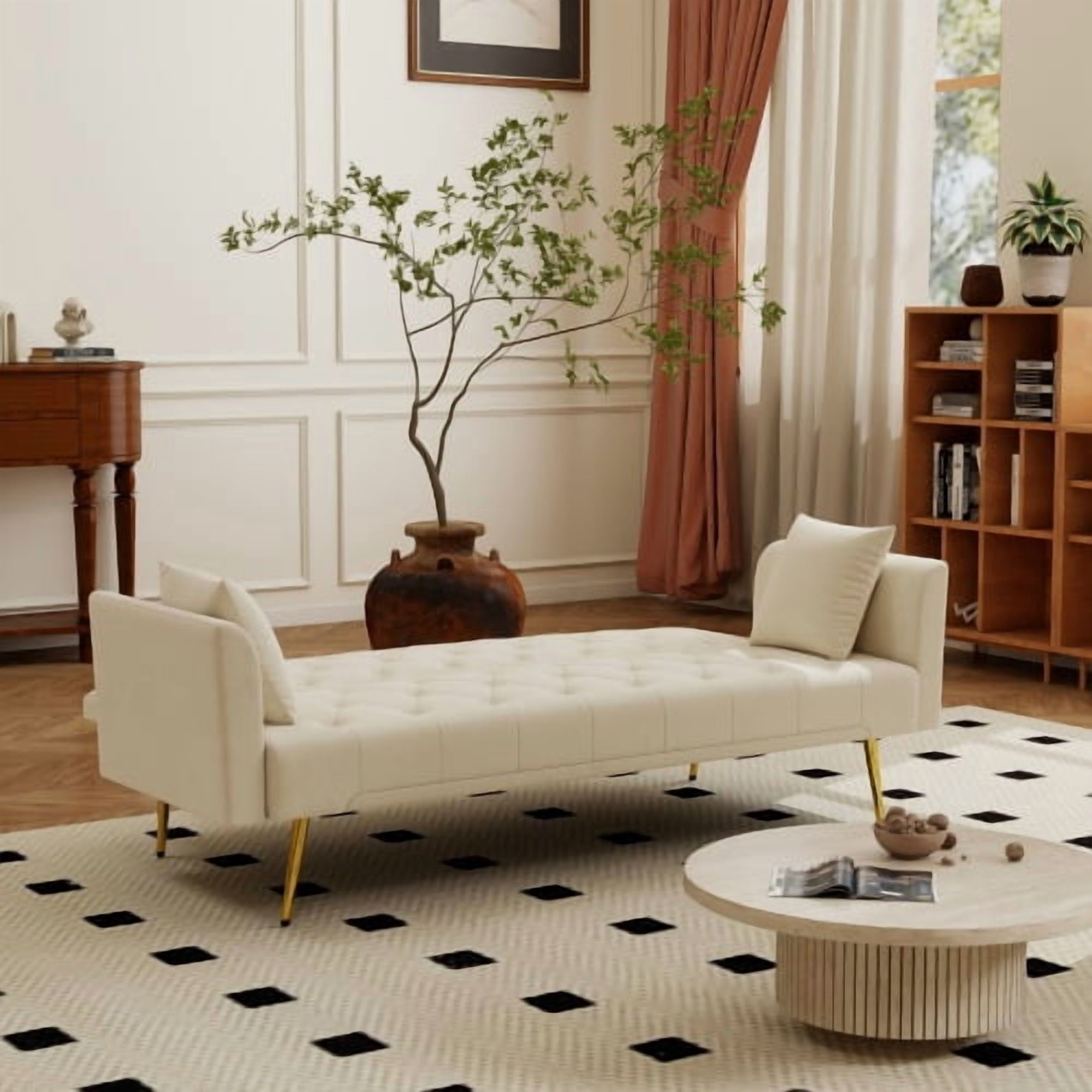 72-Inch Foldable Sleeper Sofa, Tufted American Retro Style, Velvet Couch with 3 Adjustable Positions, Ideal for Small Living Rooms, Bedrooms and Offices, Beige