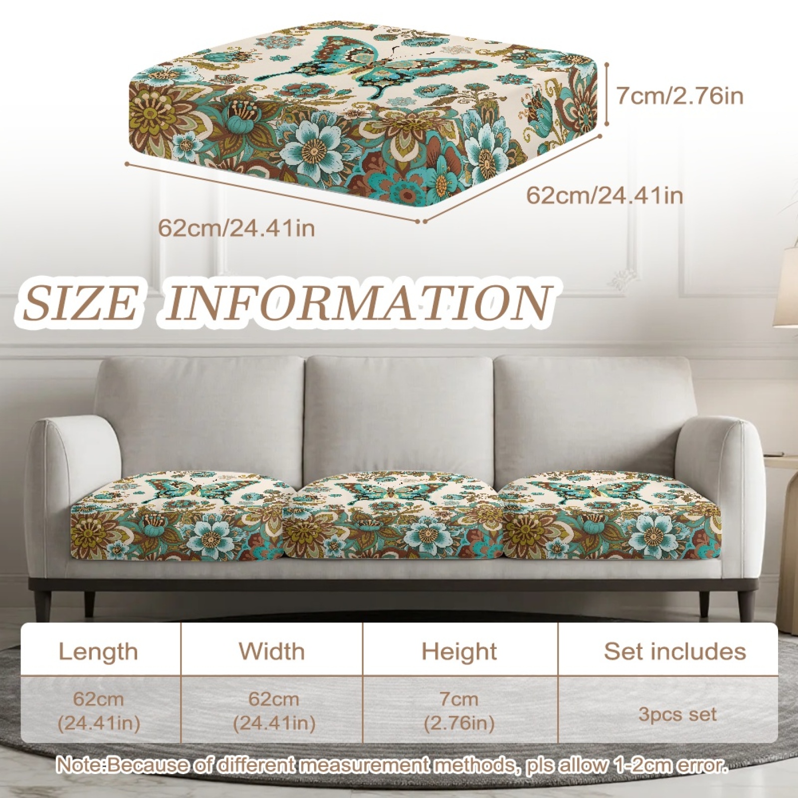 Xoenoiee Boho Butterfly Flower Print Individual Couch Cushion Covers, Washable Sofa Covers for Seat Cushions, Stretch Fit Couch Slipcovers for Sectional and L Shaped Sofas