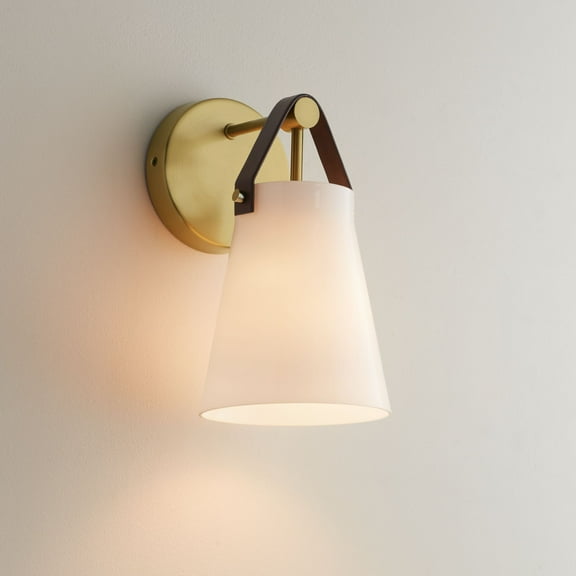 360 Lighting Ashley 10 1/2" High Antique Brass and Leather Wall Sconce