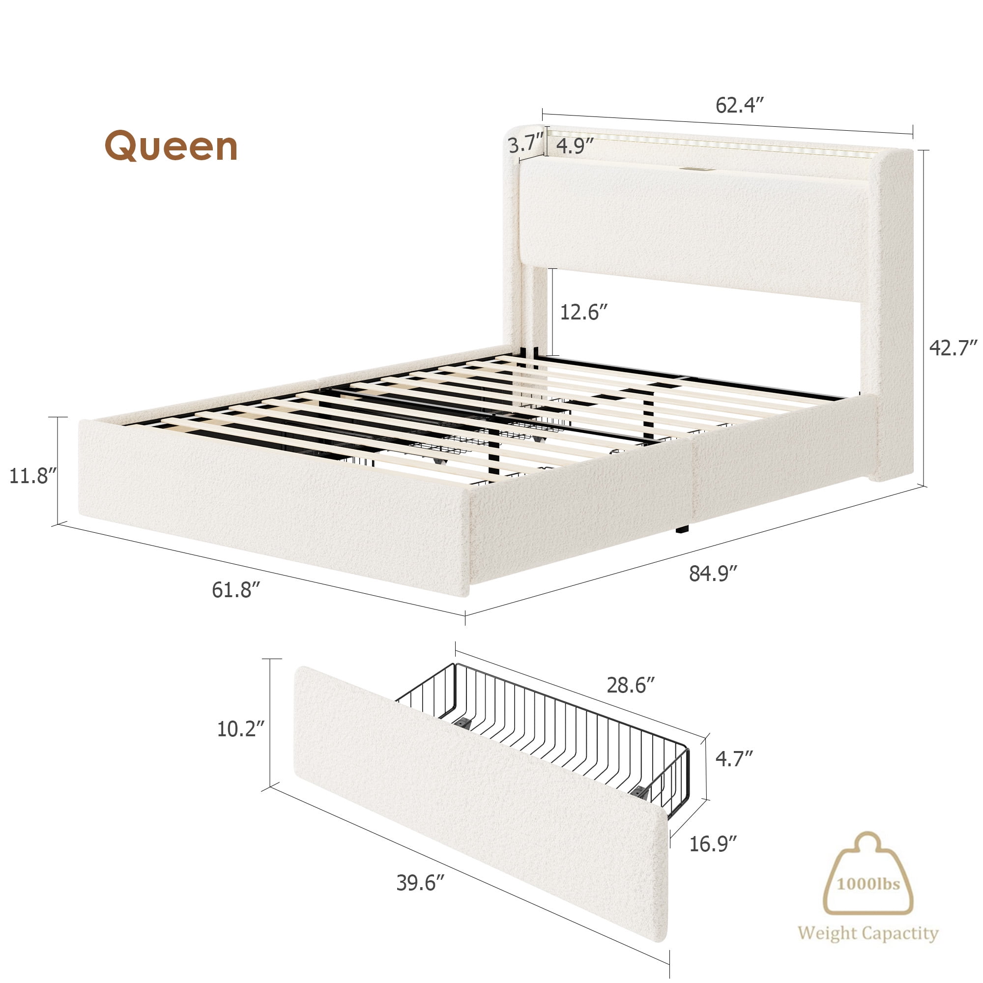Towallmark Queen Size Boucle Upholstered Bed Frame with 4 Storage Drawers,Cloud Bed Frame with USB Charging Station and LED Lights,Easy Assembly,Beige