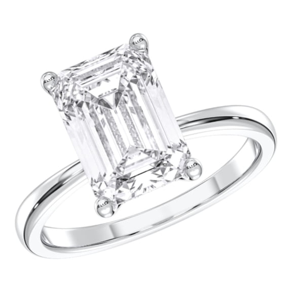 KEEVA JEWELS 4.00 Carat Emerald Cut Hidden Halo Moissanite Engagement Ring for Women, Made in White Gold Plated Silver Size 7.5