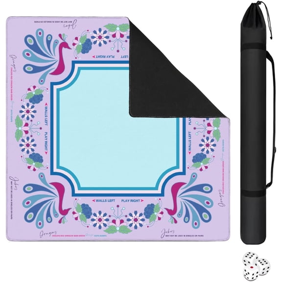 Mahjong Mat for Table with Carrying Bag & 3 Dice, Lavender Peacock 31.5"x31.5" Square Rubber Mahjong Table Cover, Non-Slip & Noise Reduction Gaming Mat for Mah Jongg, Poker, Dominoes & Tile Games