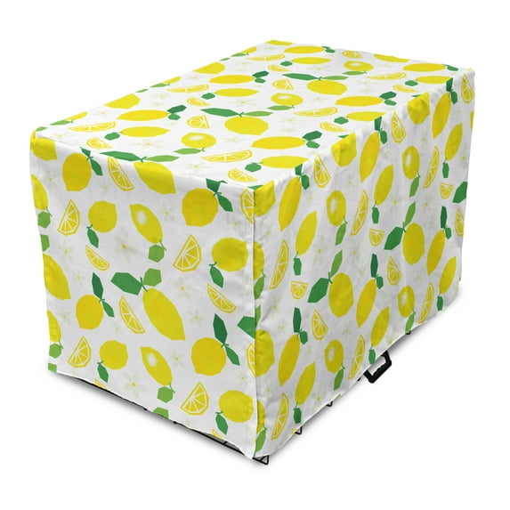 Lemons Dog Crate Cover, Continuous Citrus Leaves Flower Blossoms Polygonal Inspired Print, Easy to Use Pet Kennel Cover Small Dogs Puppies Kittens, 7 Sizes, Yellow Fern Green, by Ambesonne