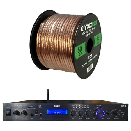 Pyle Home Theater Amplifier Audio Bluetooth MP3/USB/SD/AUX/FM Black Receiver Sound System with Enrock Audio 16-Gauge 50 Foot Speaker Wire