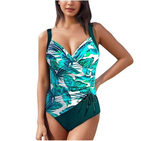 Ayolanni Green Women Bikini Modest Deep V-Neck Hawaii Bodysuit One-Piece Swimsuits Swimsuit Girls S