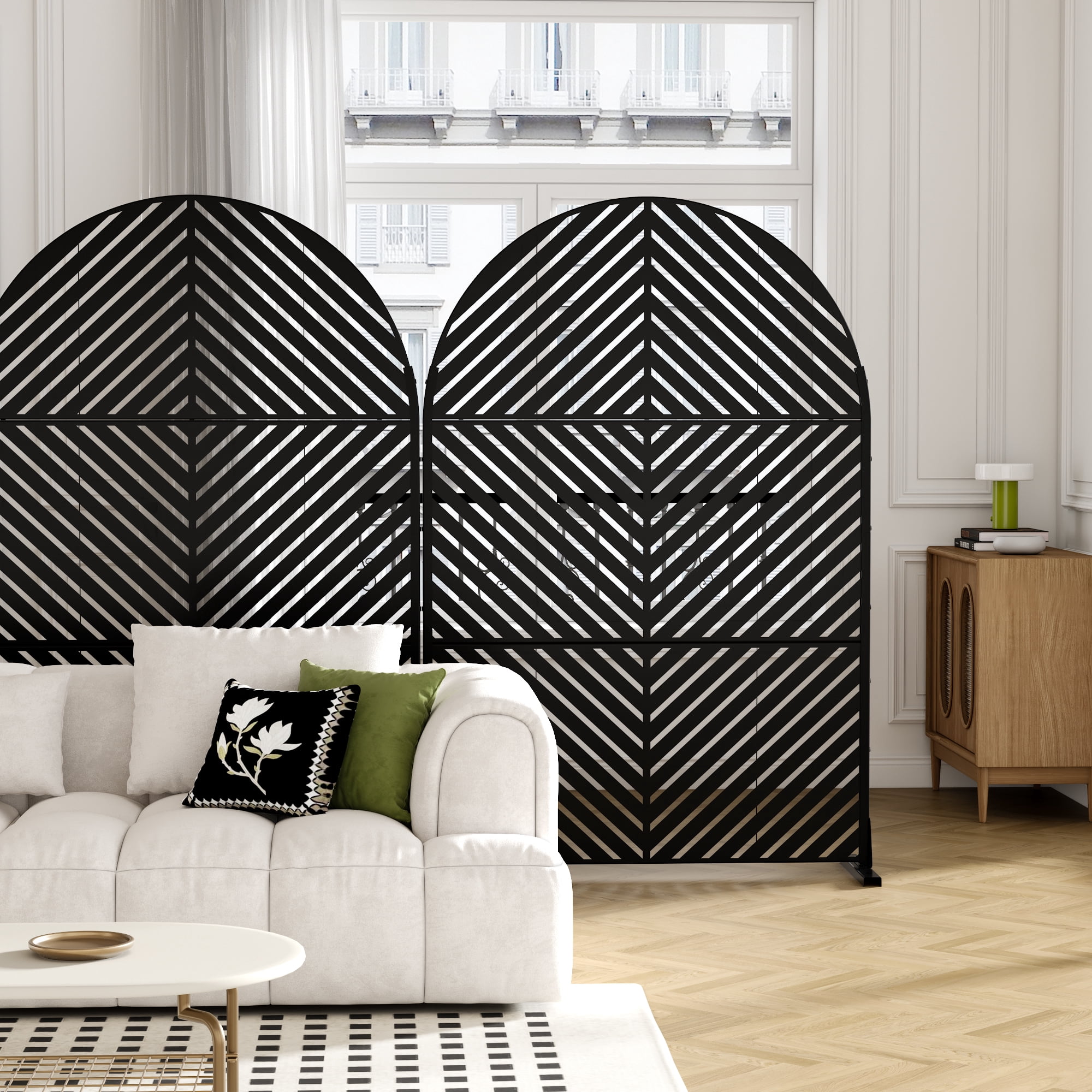 MAYEERTY 72*47" Outdoor Black Arched Metal Privacy Panel Screen for Patio, Parallel Line Pattern
