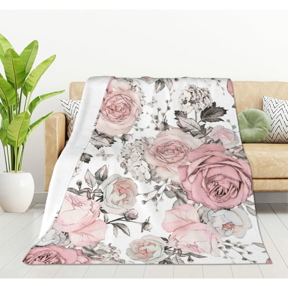 Watercolor Floral Blanket, Super Soft Pink Flowers and Leaves Throw Blanket 40"x50" Blanket for Bed Couch Chair Fall Winter Camping Living Room Office Gift