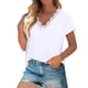 thumbnail image 2 of Mujeres moda Casual Color sólido cuello en V encaje costura manga corta camiseta Top blusa pulóver Pompotops hkajfhjk464064, 2 of 8
