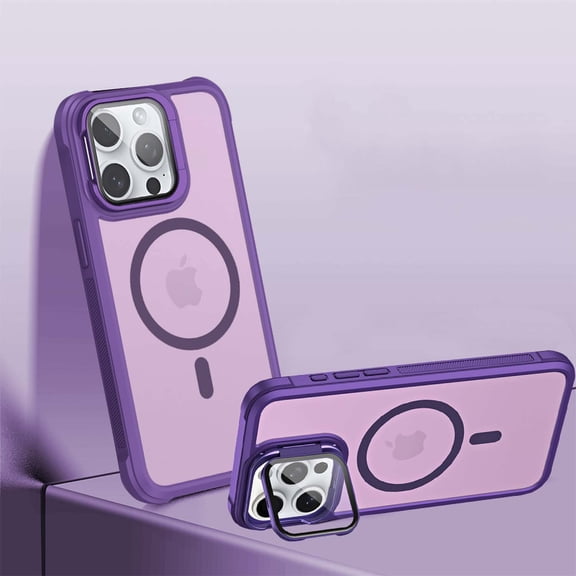 Magnetic for iPhone 15 Pro Case [Compatible with MagSafe][Military Grade Drop Protection][Lens Folded Kickstand] Slim Translucent Matte Shockproof with Anti-Fingerprint Phone Case,Purple