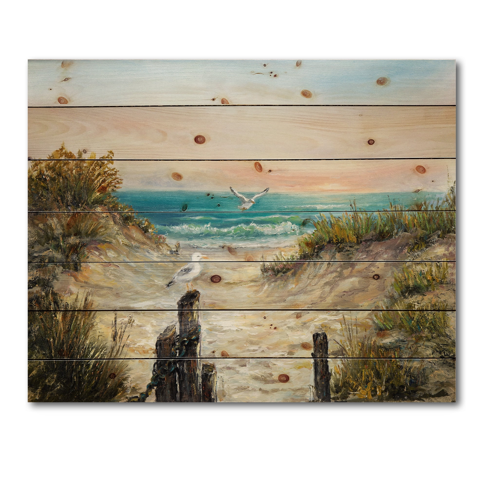Designart 'Ocean Dunes During Pink Sinset on Beach' Nautical & Coastal Print on Natural Pine Wood
