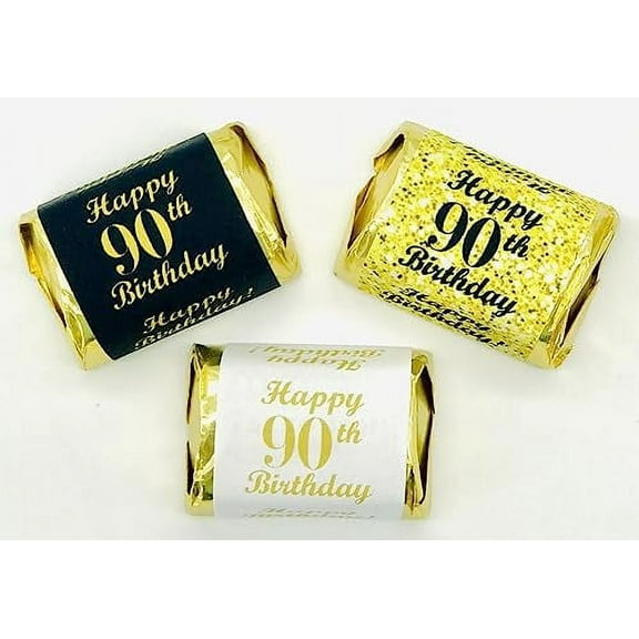 90th Birthday Nuggets Labels, Chocolate Candy Wrapper, (Set of 90) Candy Stickers; 3 Designs: 30 Gold, 30 Black, 30 White, Candy Not Included
