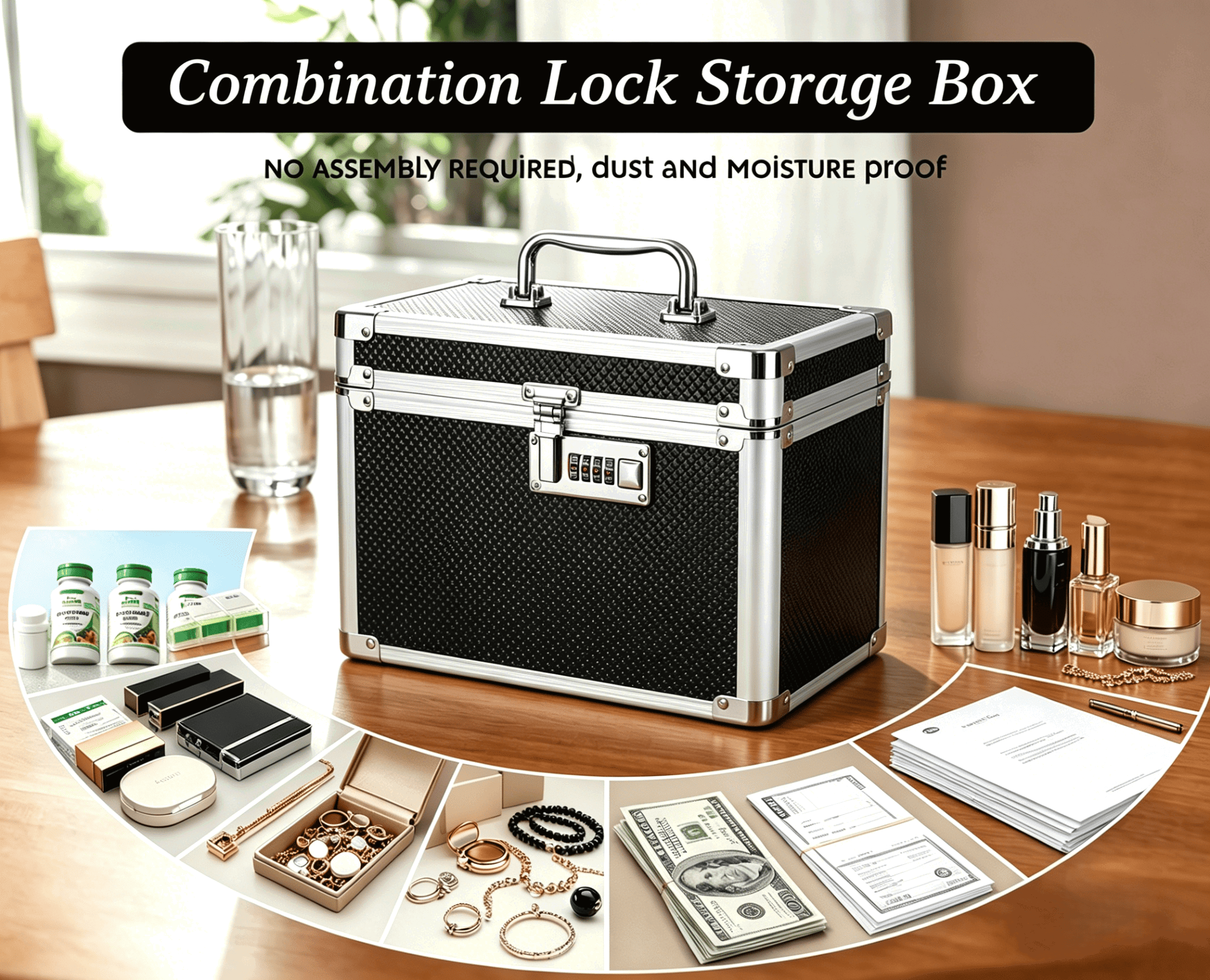 Combination Lock Box, Security Lock Boxes for Documents, Valuables, Medicine & Money - 10 x 7.25 x 7.75 Inch-Black