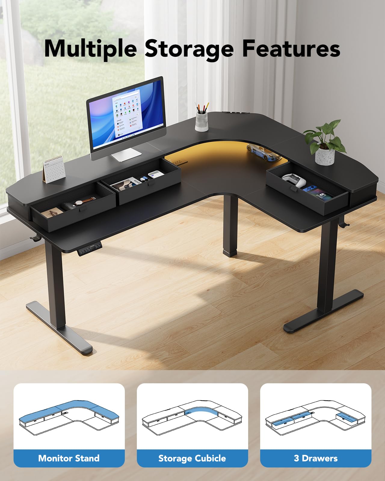 65″ L-Shaped Standing Desk with Power Outlets & LED Strip, Support C-Clamp Mount, Electric Height Adjustable Corner Computer Desk with 3 Drawers, Sit Stand Up Desk with Large Power Strip Holder