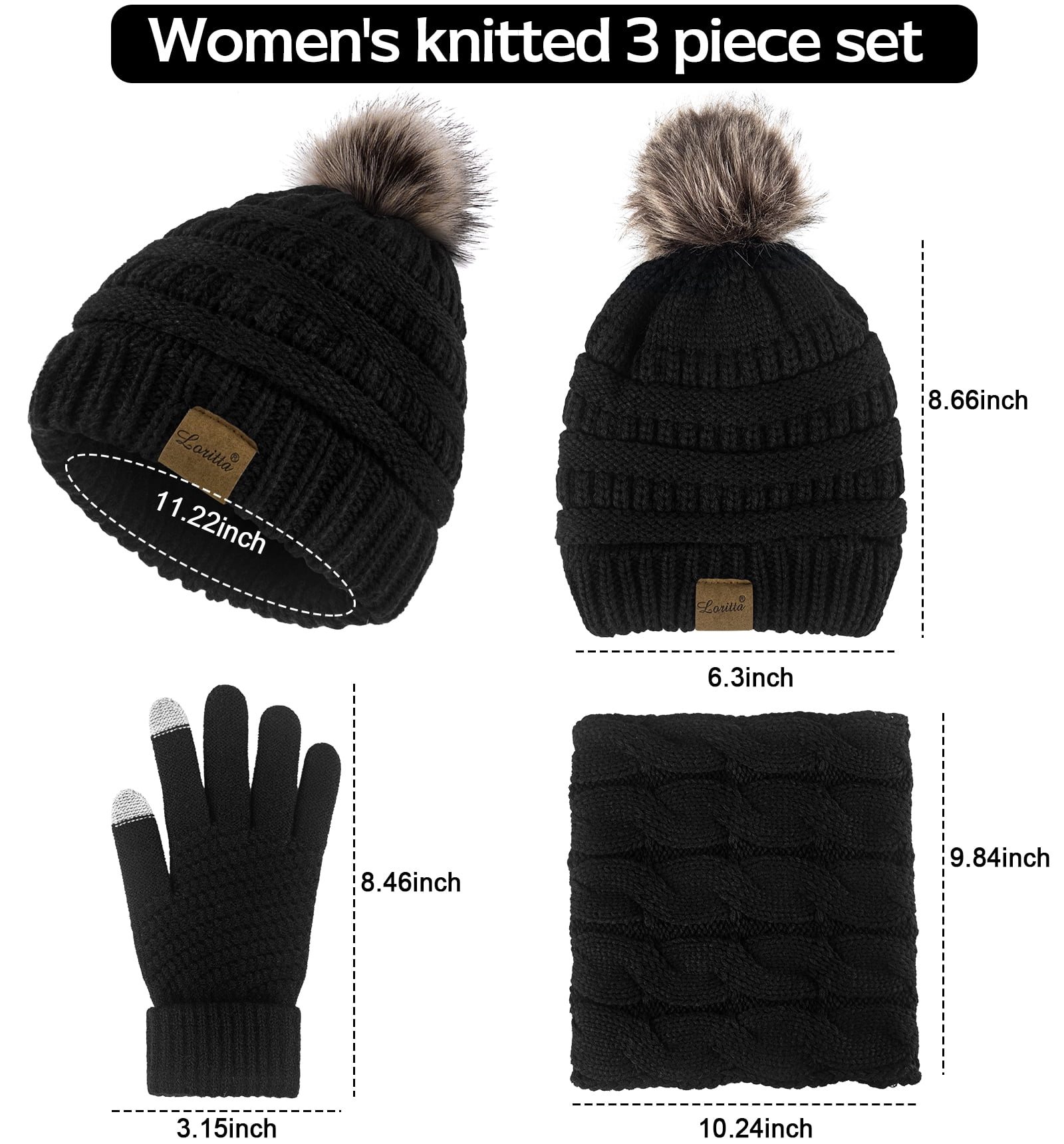 Loritta 3-Pieces Winter Hat Neck Warmer Touchscreen Gloves Set Knit Thick Scarf Loritta 3 Pieces Winter Hats for Women Scarf Touch Jamaica  main image 3