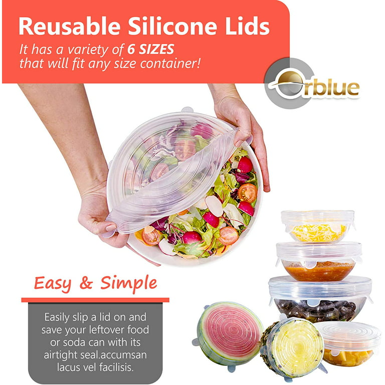 Orblue Silicone Stretch Lids - Eco-friendly, BPA-free and Leak-proof  Stretchable Covers - 6 Pack Various Sizes