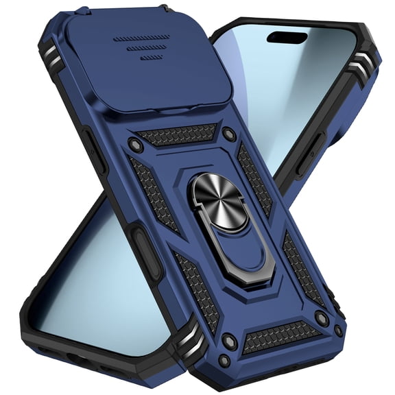 Rugged Case for Apple iPhone 17 Pro with Sliding Camera Cover and 360° Ring Stand, Heavy Duty Shockproof Protective Phone Cover with Magnetic Car Mount Support, Blue