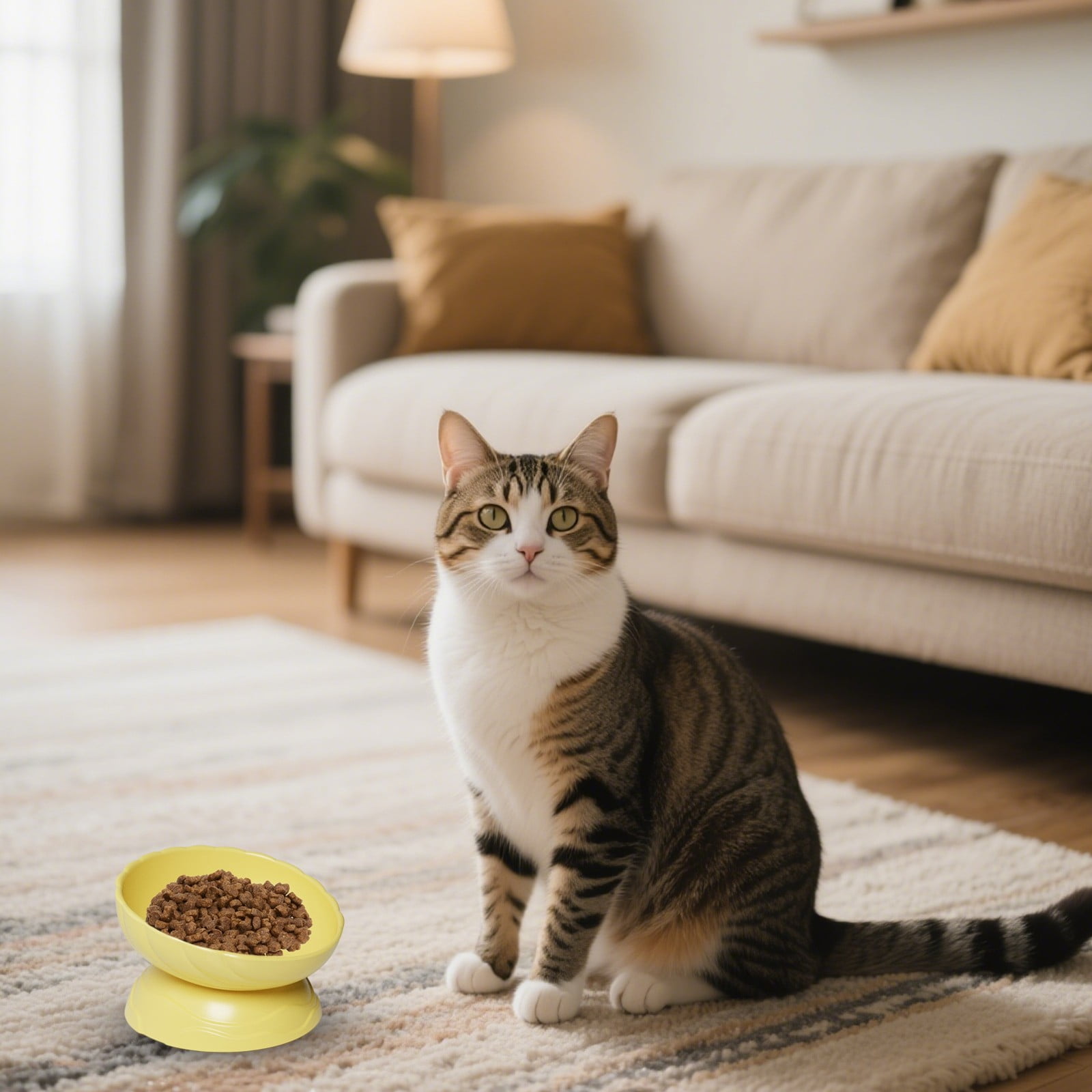 Elevated Cat Bowls Set – 6.1" Wide Ceramic Raised Cat Food & Water Bowls – 15° Tilted Whisker-Friendly Design – Dishwasher & Microwave Safe – Ideal for Indoor Cats & Small Dogs (Yellow, Durable Gift)