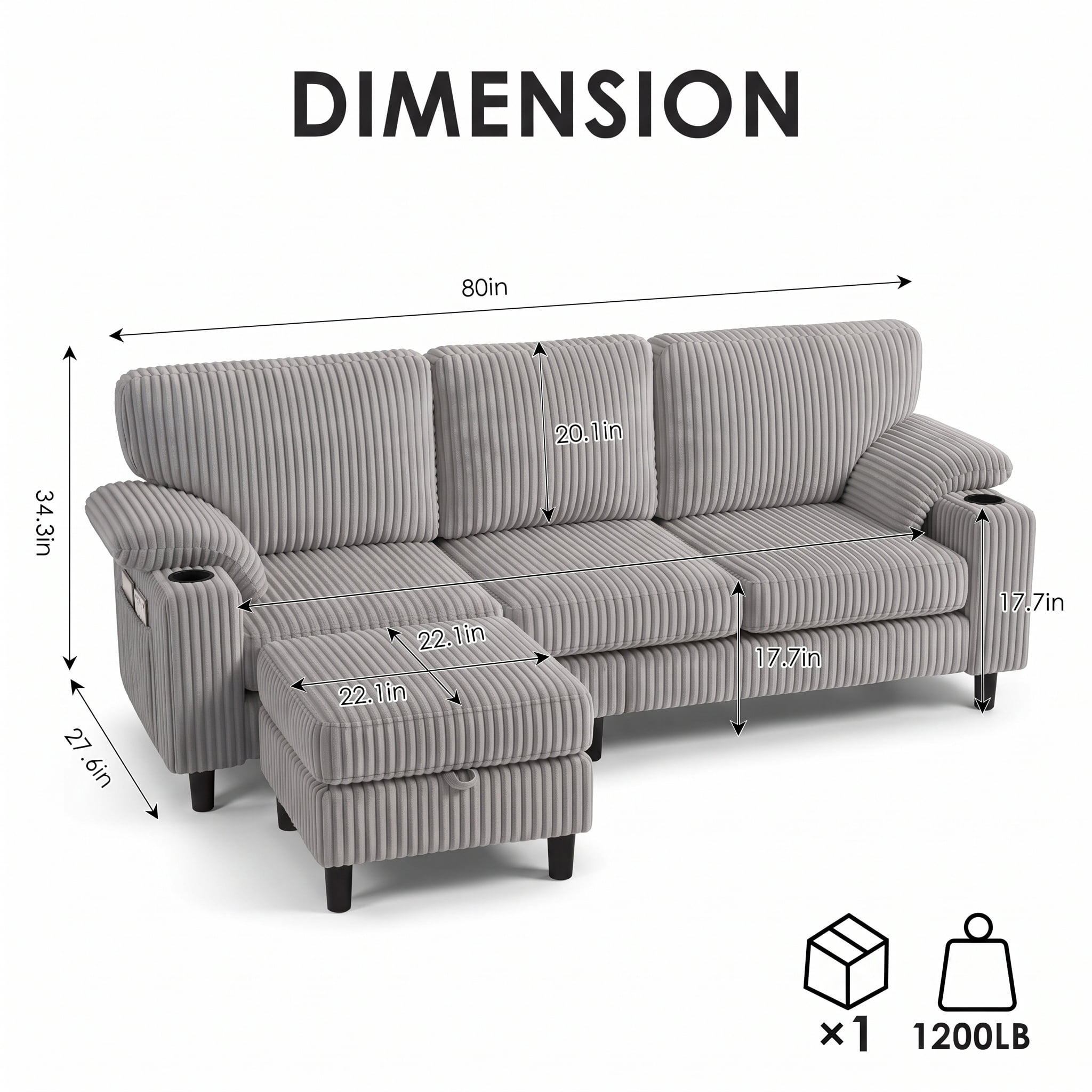 Xiweot 80" L Shaped Sectional Sofa, 3 Seater Convertible Couch with Storage Ottoman, Charging Ports & Cup Holders, Corduroy Comfy Upholstered Sofa for Living Room Apartment, Light Gray