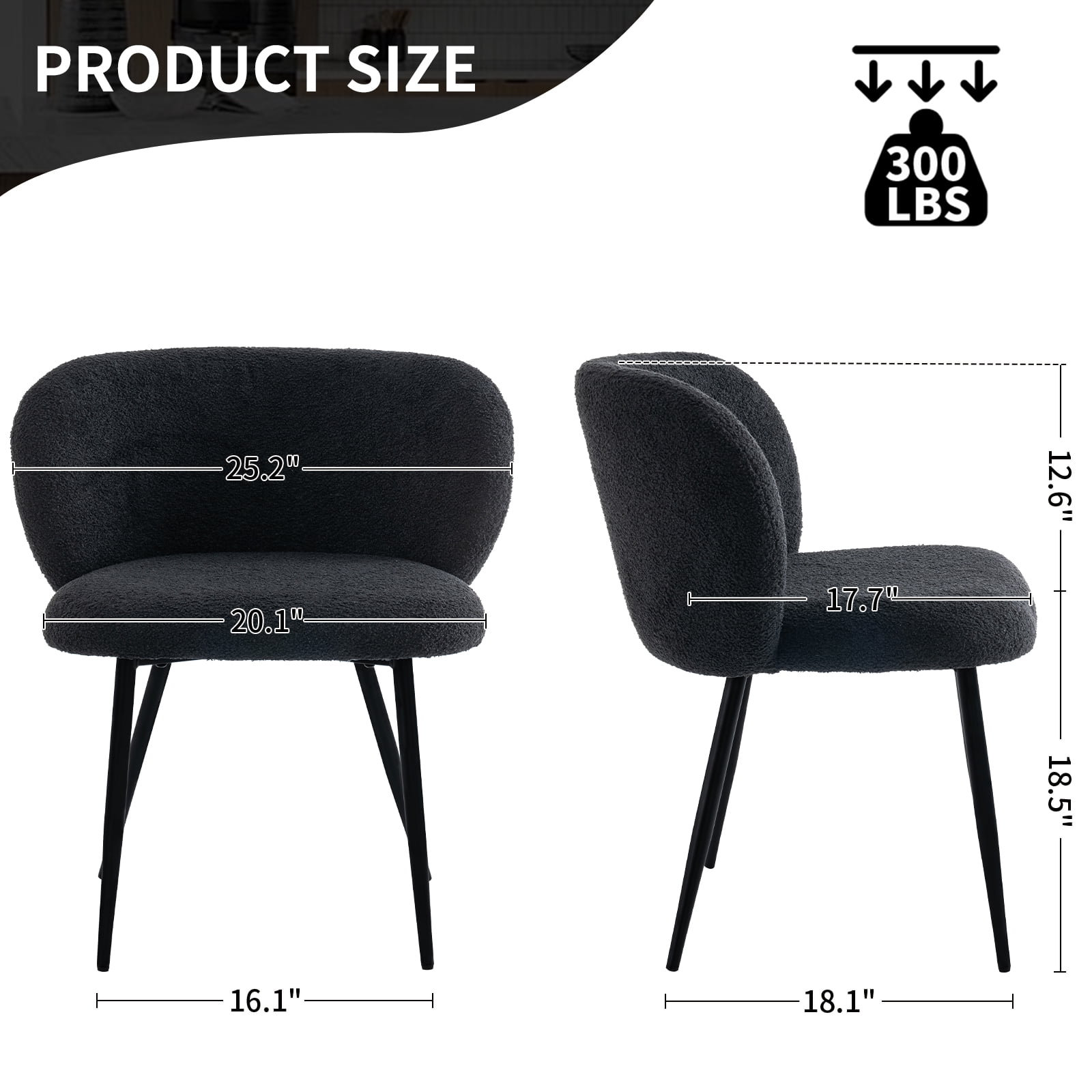Rongbuk Modern Teddy Dining Chairs Set of 2, Comfy Kitchen Armless Chairs with Thick Cushions, Wingback Chair, Upholstered Dining Room Chairs with Metal Legs for Dining Room, Living Room, Black