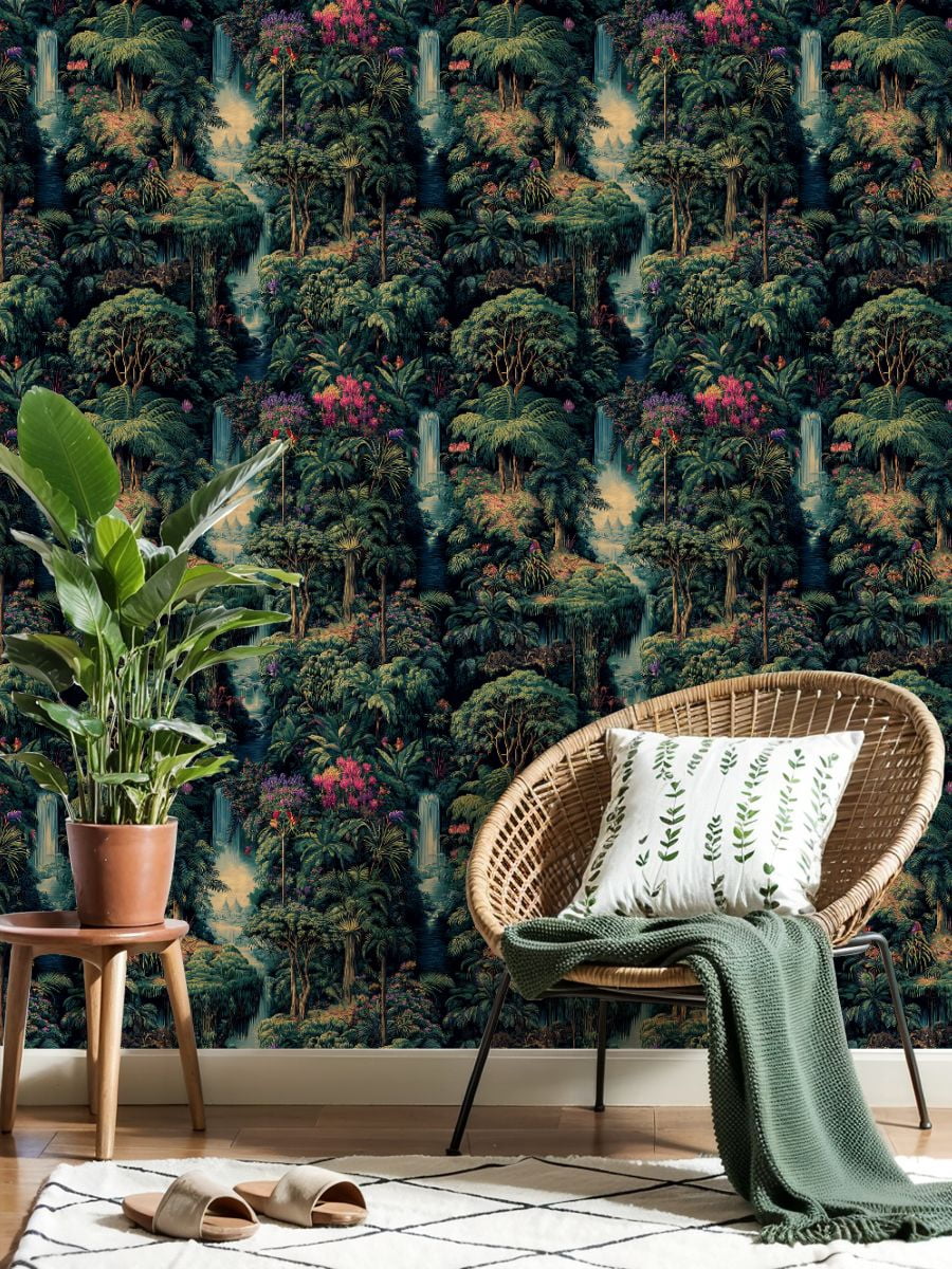 Peel and Stick Wallpaper Tropical Jungle Waterfalls Vibrant Floral Wall Mural 23.6in x 9.8ft Self Adhesive Removable Wall Paper Renter Friendly Wallpaper for Nursery Bedroom Cabinets