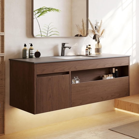 47" Floating Bathroom Vanity with Sink, Modern Wall Mounted Vanity Bathroom Storage Cabinet with Gray Sintered Stone Top White Ceramic Basin, Soft Close Drawers, Walnut