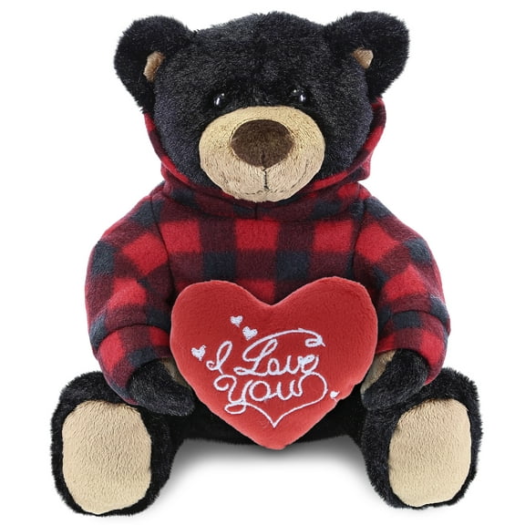DolliBu I LOVE YOU Black Bear Plush with Red Plaid Hoodie - Cute Stuffed Animal with Heart for Valentine's Day, Anniversary, Romantic Date, Boyfriend, or Girlfriend - 10 Inch