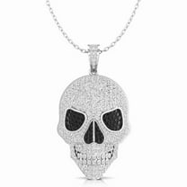 925 Sterling Silver 14K White Gold Over White & Black Diamond Handmade 2" Inches Skull Charm Pendant for Men or Women