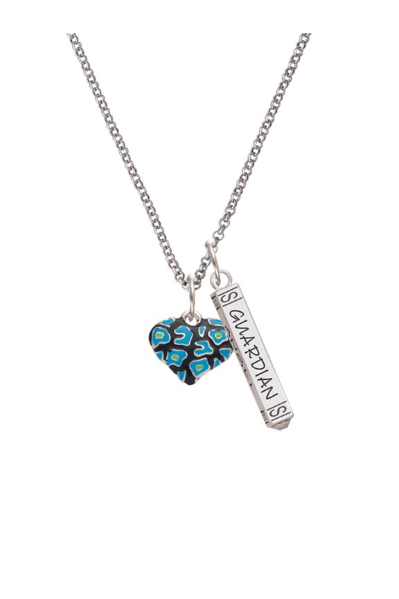 Silvertone Hot Blue Cheetah Print Heart Silvertone Guardian Angel Bar Charm Necklace, 23"