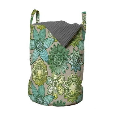 Ethnic Laundry Bag, Flower Petals in Traditional Blossom Bouquets Oriental Pattern, Hamper Basket with Handles Drawstring Closure for Laundromats, 13" x 19", Turquoise Beige Green, by Ambesonne