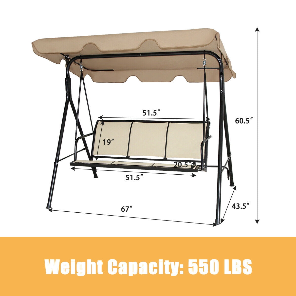Gymax Fashion Brown Outdoor Swing Canopy Patio Swing Chair 3 Person Canopy Hammock
