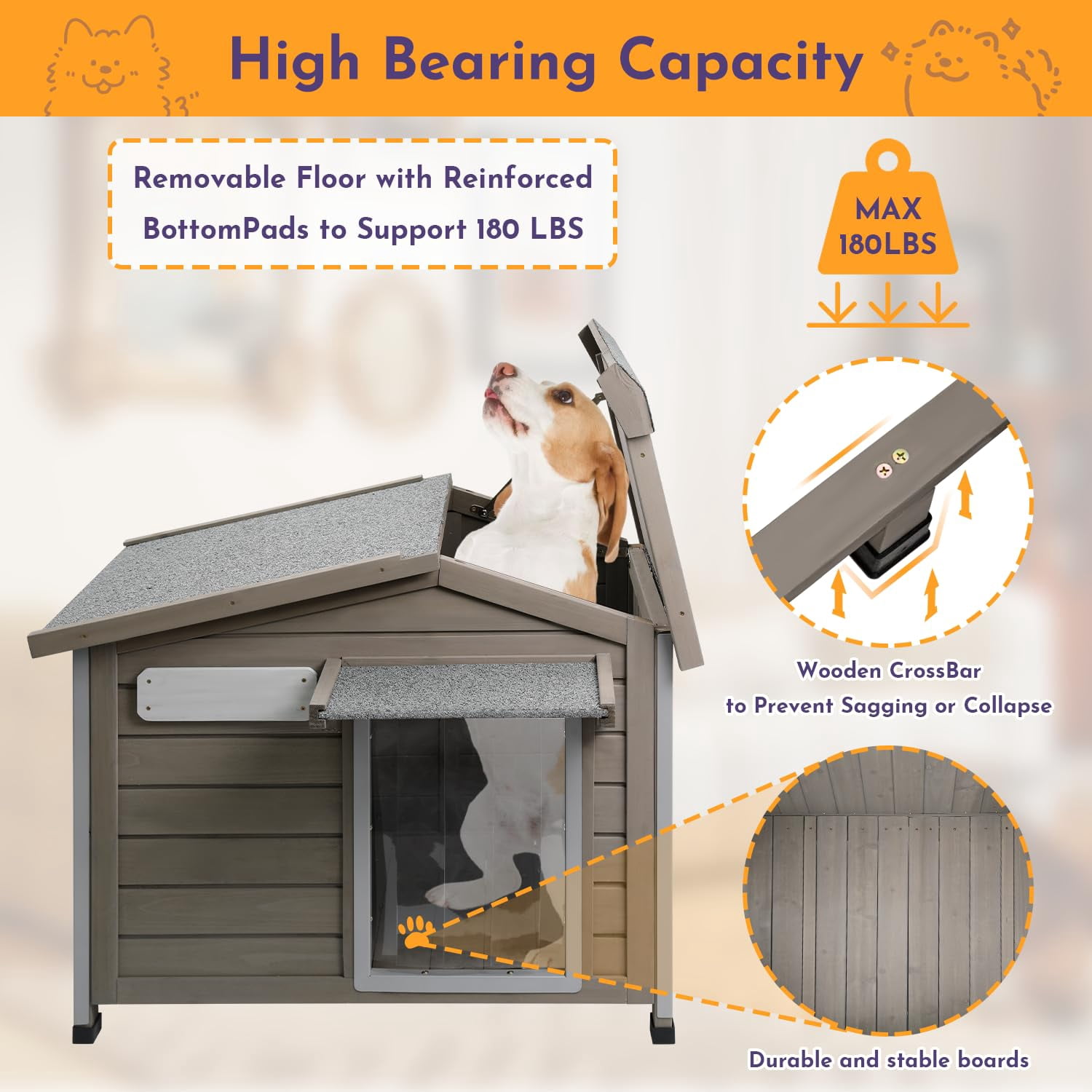 PETSCOSSET Outdoor Dog House, Weatherproof Wooden Dog Kennel with Raised Feet for Small Dog, Gray