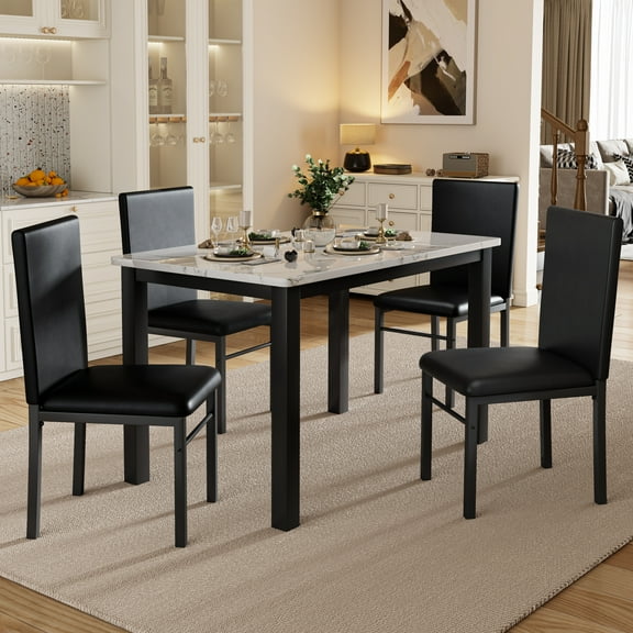 5 Piece Dining Table Set for 4, Marble Kitchen Table & PU Leather Chairs, Faux Marble Small Space Dining Table, White Black, Living/Dining Room
