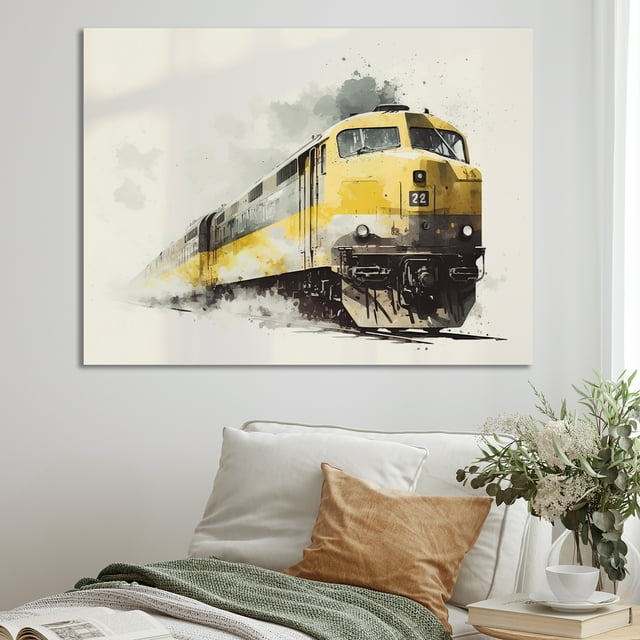 Designart Décoration Murale Surdimensionnée de Train de Transport, art Mural de Train, Rythme Symphonique des Rails, art Mural Moderne Jaune sur Toile, 32x16 Pouces