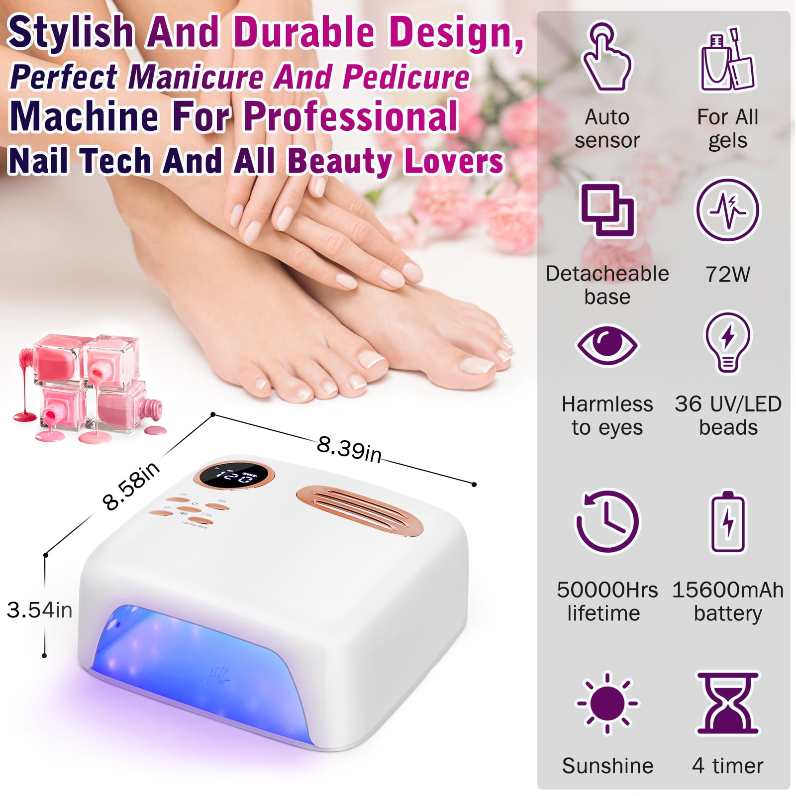 Cordless UV LED Nail Lamp, 72W Professional Nail Dryer with 36 UV/LED Beads, 15600mAh Rechargeable Battery, 4 Timers, Auto Sensor, Portable Gel Nail Polish Curing Light for Salon Home Nail Art