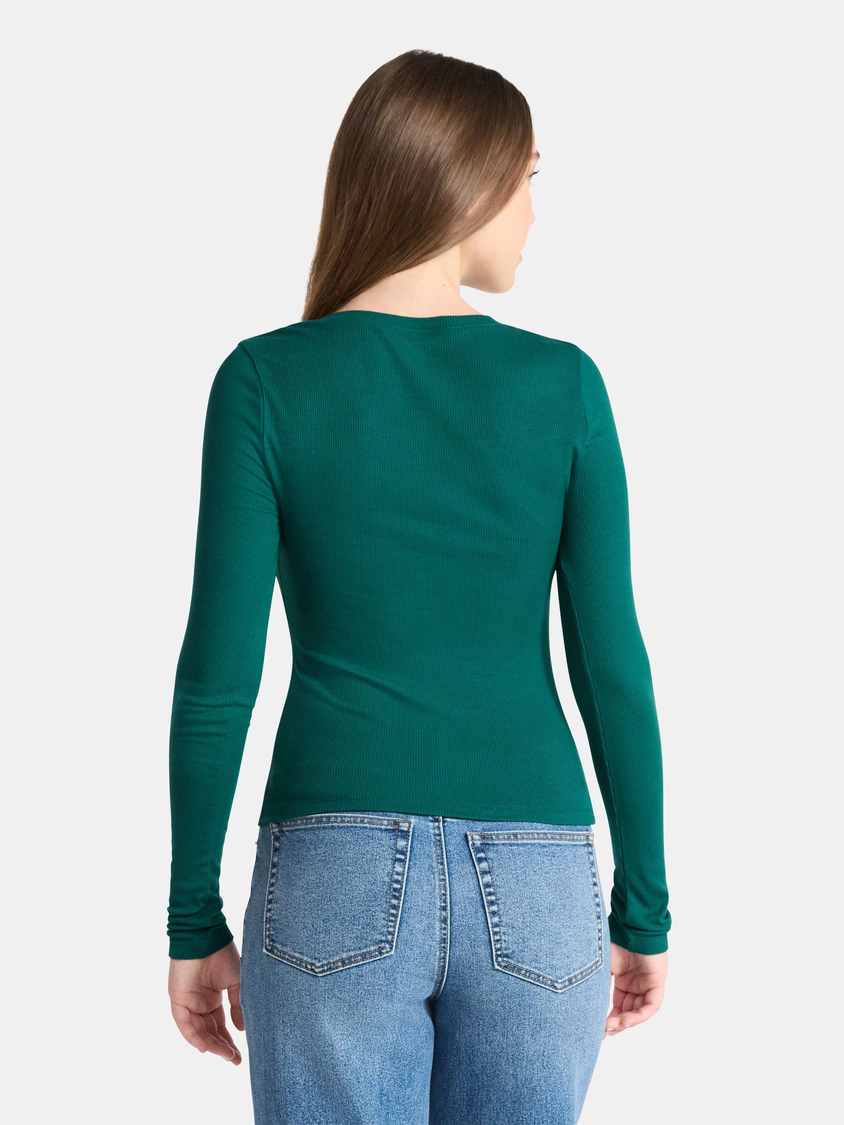 No Boundaries V-Neck Ribbed Top with Long Sleeves, Women’s