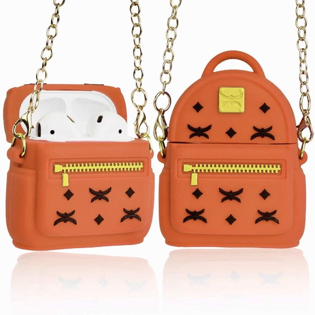 Bonita funda para Airpods, funda de silicona 3D para mochila Airpods con llavero y correa de metal diseñada para Apple AirPods 1 y 2 (naranja) BANYUO Electrónica