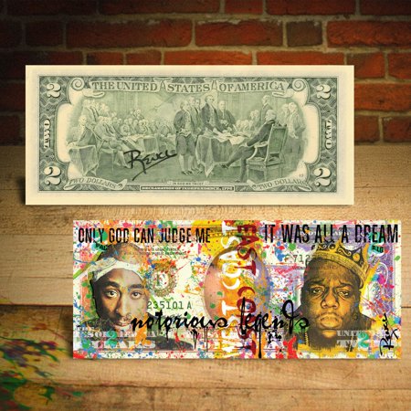 TUPAC SHAKUR & BIGGIE SMALLS Genuine $2 US Bill Rap Art - HAND-SIGNED by
