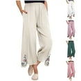 thumbnail image 1 of Womens Wide Leg Cropped Pants Cotton Linen Elastic High Waisted Palazzo Pants with Pockets Pink, 1 of 7