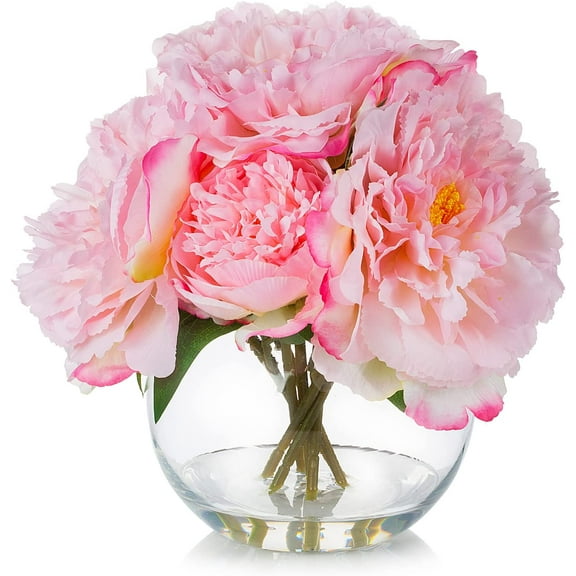 ENOVA FLORAL Artificial Peony Flower with Vase, Fake Flowers Arrangement in Vase, Artificial Flower with Vase, Faux Peony in Glass Vase for Home Office Kitchen Decor, Wedding Centerpieces (Pink)