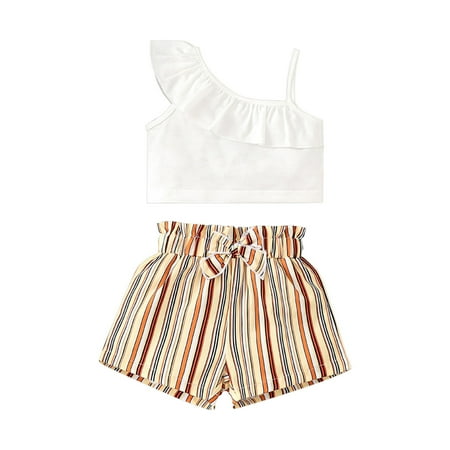 

Toddler Kids Girls Summer Clothes Suit White Shoulder T Shirt Suit Summer Clothes Striped Shorts Two Piece Going Out Wear Kids Clothing Set