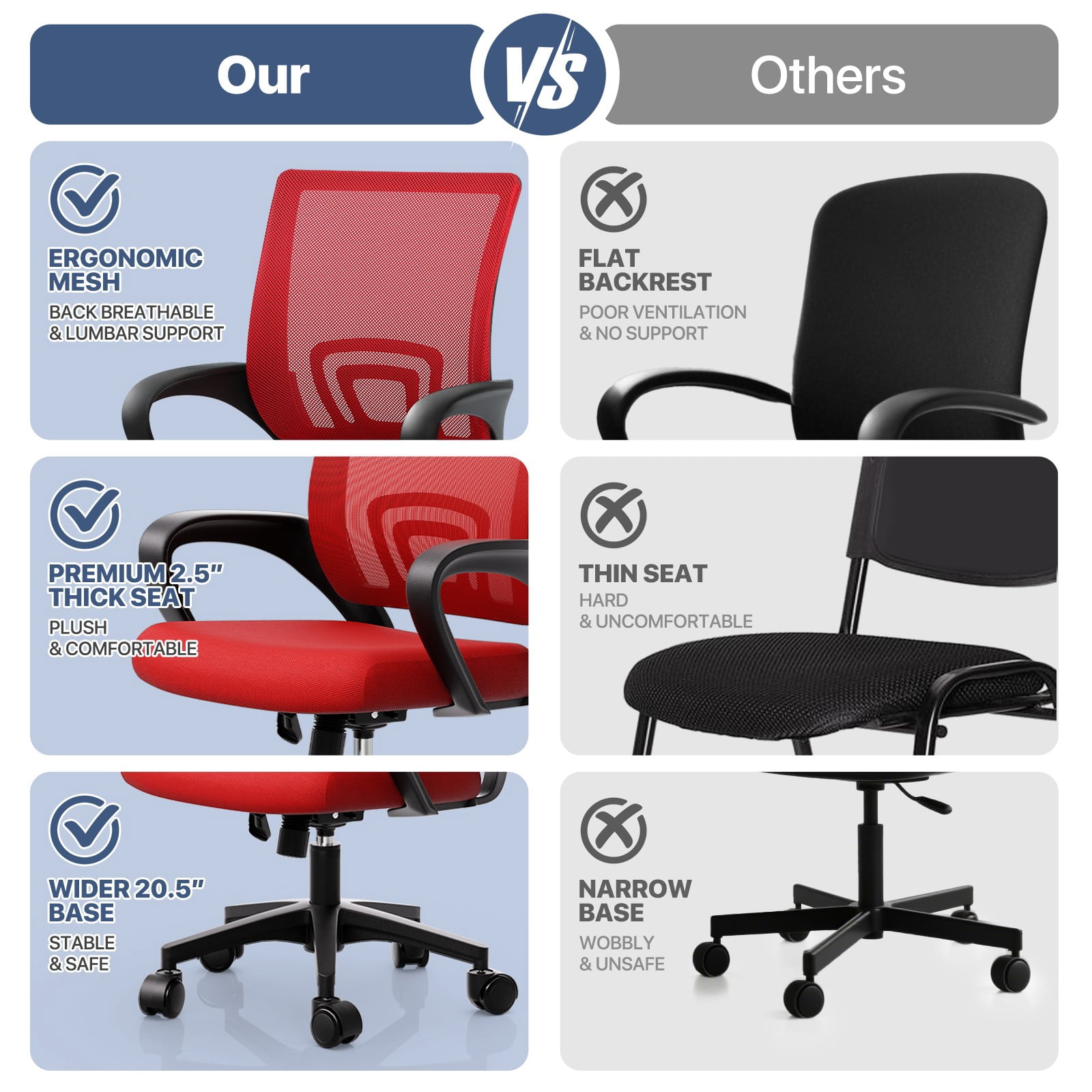MoNiBloom Set of 2 Mesh Office Chairs Ergonomic Desk Chairs Swivel Rolling Computer Chairs with Lumbar Support and Adjustable Height, Red