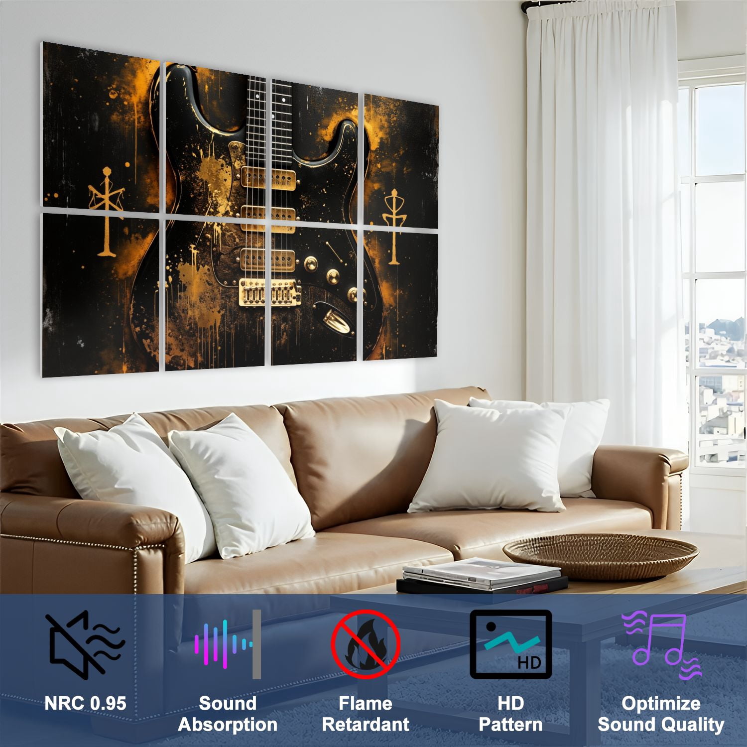 Musical 8 Pack Art Acoustic Panels Sound Absorbing Gold Splattered Black Electric Guitar Symbolic Markings Decorative Soundproof Wall Panels Self Adhesive for Game Room Music Classroom 48"x32"