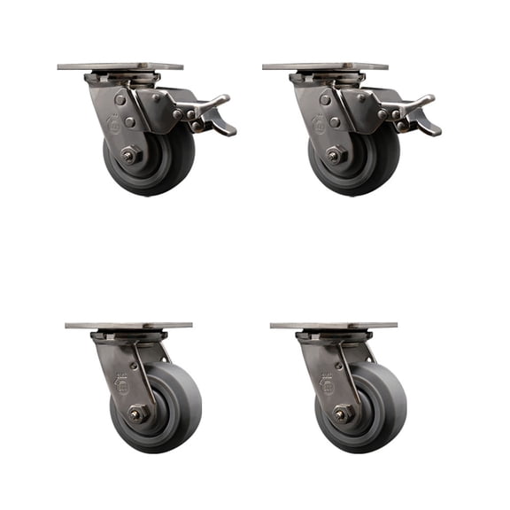 4 Inch 316SS Thermo Flat Tread Swivel Caster Set with Roller Bearings 2 Brakes