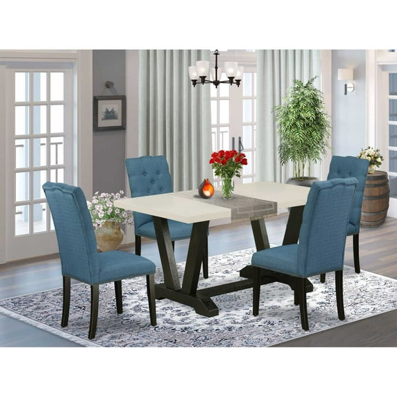 East West Furniture V626EL121-5 5-Piece Gorgeous Rectangular Dining Room Table Set an Excellent Linen White dining table Top and 4 Stunning Linen Fabric Dining Room Chairs with Nail Heads and...