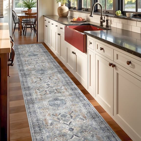 Washable Kitchen Runner Rug - 3x14 Hallway Rug Distressed Mats Non-Slip Soft Room Floor Carpet for Dining Room (Grey/Blue, 3x14)